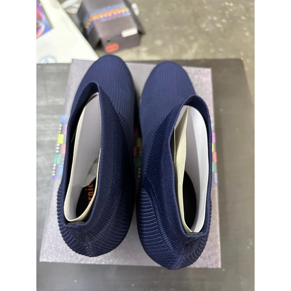 Bernie Mev Doll Navy Knit Stretch Ankle Boots Block Heel Womens Size 10.5-11
